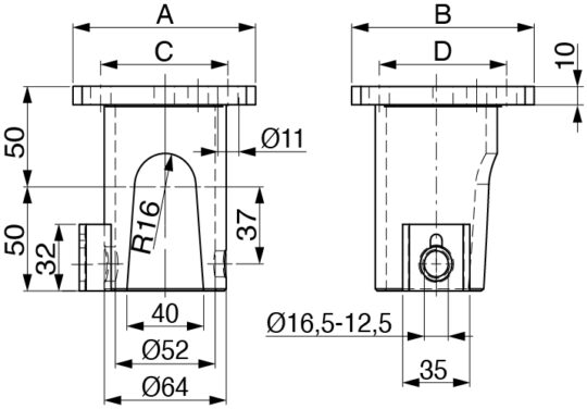 PALIER SPHERIQUE Ø 50, ARRIERE, GAUCHE (Ø 16/12 MM), ZINGUE AU FEU