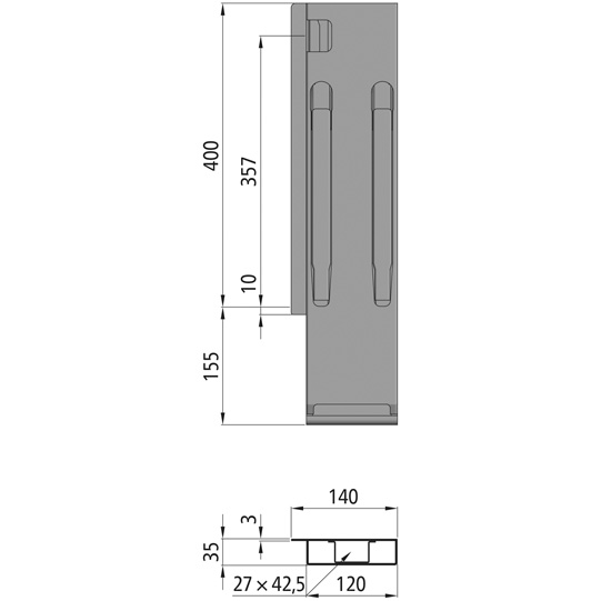 MONTANT K20 ARRIERE GAUCHE,  L = 400 MM, ACIER RABATTABLE, A UNE FERMETURE