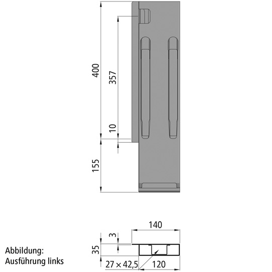 MONTANT K20 ARRIERE DROIT, L = 400 MM, ACIER RABATTABLE, A UNE FERMETURE