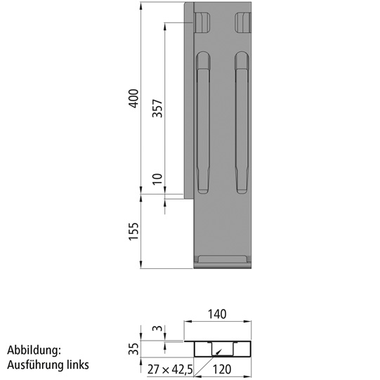 MONTANT K20 ARRIERE DROIT L= 400 MM, ACIER RABATTABLE, A UNE FERMETURE GAUCHE ET DROITE