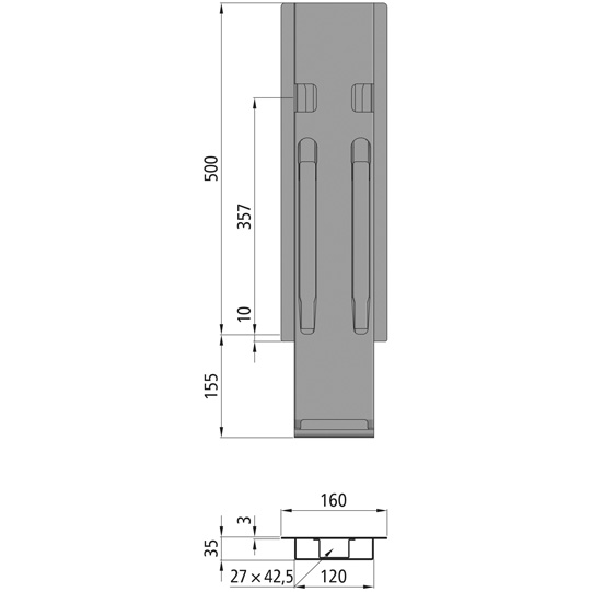 MONTANT K20 CENTRAL, L = 500 MM, ACIER       RABATTABLE, A UNE FERMETURE