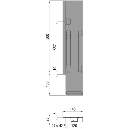 MONTANT K20 ARRIERE GAUCHE, L = 500 MM, ACIER RABATTABLE, A UNE FERMETURE