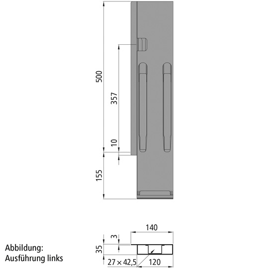 MONTANT K20 ARRIERE DROIT, L = 500 MM, ACIER RABATTABLE, A UNE FERMETURE