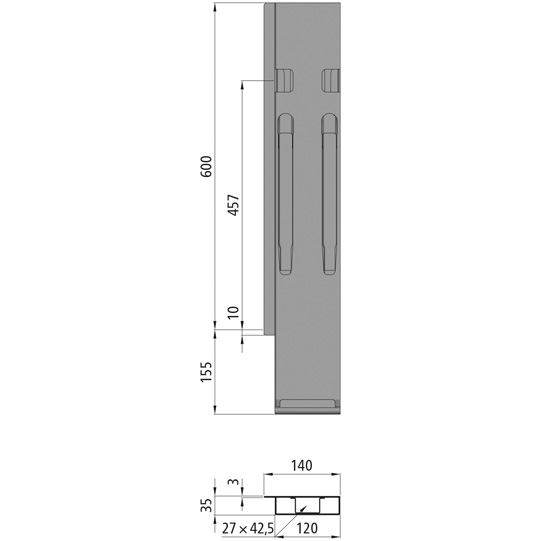 MONTANT ARRIERE K20, GAUCHE, L = 600 MM, _x000D_
ACIER, A UNE FERMETURE GAUCHE ET DROITE