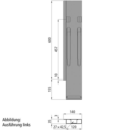 MONTANT ARRIERE K20, DROIT, L = 600 MM, ACIER microZINQ®  A UNE FERMETURE GAUCHE ET DROITE