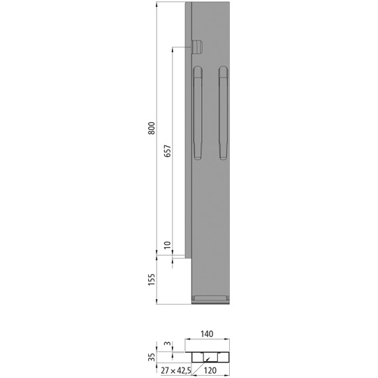 MONTANT ARRIERE K20 ,GAUCHE, L = 800 MM, ACIER A UNE FERMETURE