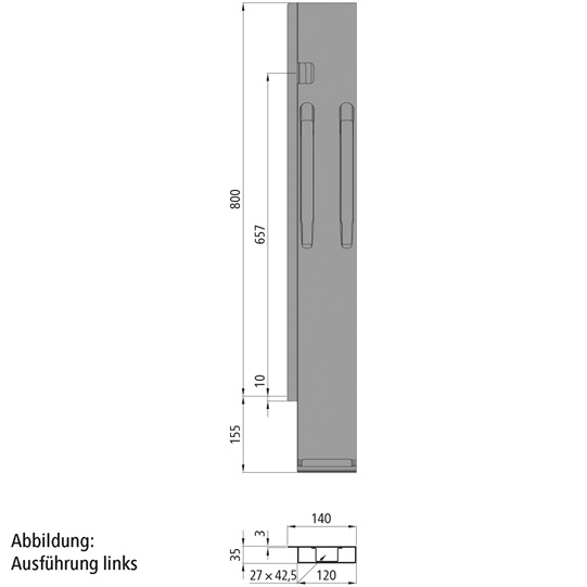 MONTANT ARRIERE K20, DROIT, L = 800 MM, ACIER A UNE FERMETURE