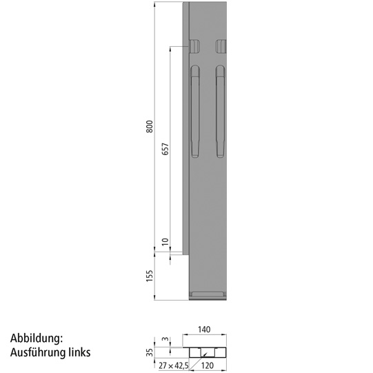 MONTANT ARRIERE K20, DROIT, L = 800 MM, ACIER A UNE FERMETURE GAUCHE ET DROITE