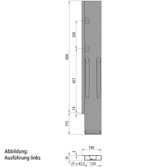 MONTANT ARRIERE K20 DROIT, L = 800 MM, ACIER, AVEC 2 FERMETURES
