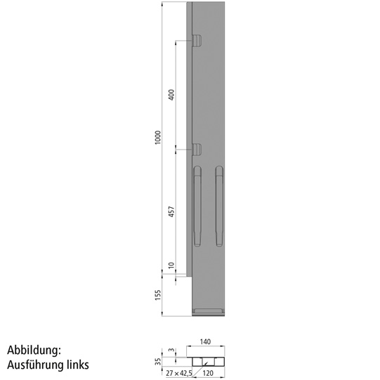 MONTANT ARRIERE K20, DROIT, L = 1000, ACIER AVEC 2 FERMETURES