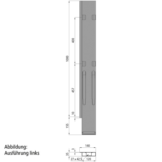 MONTANT ARRIERE K20 DROITE, L = 1000 MM, 4 FERMETURES, ACIER microZINQ®