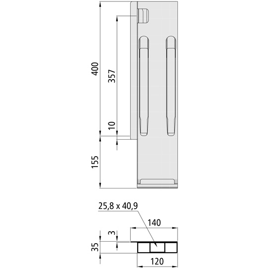 MONTANT ARRIERE K20, GAUCHE, L = 400 MM, ALUMINIUM RABATTABLE, A UNE FERMETURE