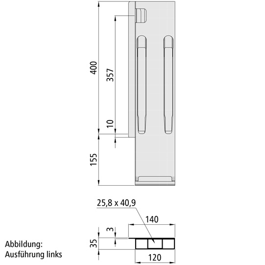 MONTANT ARRIERE K20, DROIT, L = 400 MM, ALUMINIUM RABATTABLE, A UNE FERMETURE