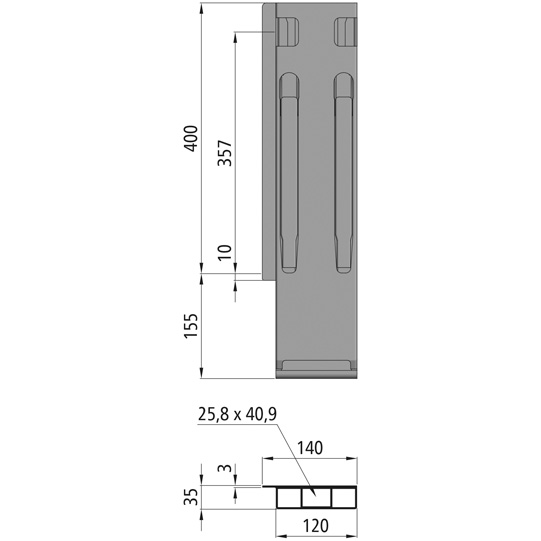MONTANT ARRIERE K20, GAUCHE, L = 400 MM, ALUMINIUM RABATTABLE, A UNE FERMETURE GAUCHE ET DROITE