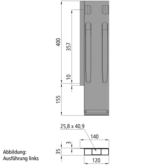 MONTANT ARRIERE K20, DROIT, L = 400 MM, ALUMINIUM RABATTABLE, A UNE FERMETURE GAUCHE ET DROITE