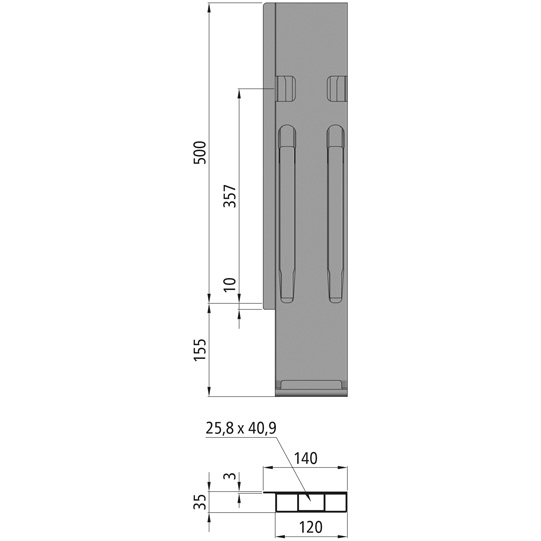 MONTANT ARRIERE K20, GAUCHE, L = 500 MM, ALUMINIUM RABATTABLE, A UNE FERMETURE DES  COTES GAUCHE