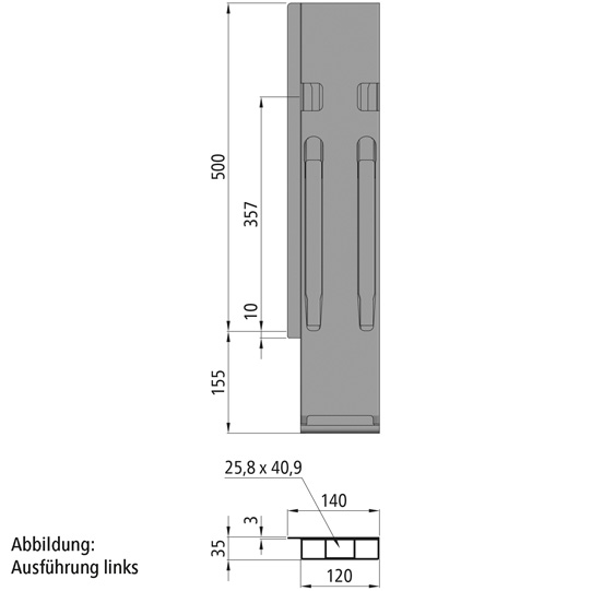 MONTANT ARRIERE K20, DROIT, L = 500 MM, ALUMINIUM RABATTABLE, A UNE FERMETURE DES 2 COTES  DROITE