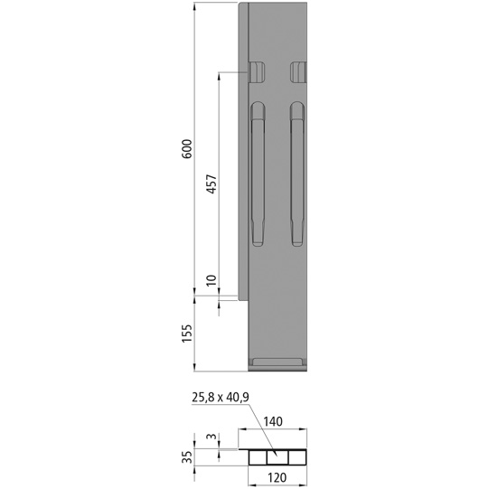 MONTANT ARRIERE K20, GAUCHE, L = 600 MM, ALUMINIUM A UNE FERMETURE GAUCHE ET DROITE