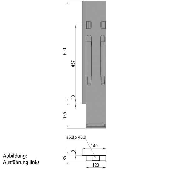 MONTANT ARRIERE K20, DROIT, L = 600 MM, ALUMINIUM A UNE FERMETURE GAUCHE ET DROITE
