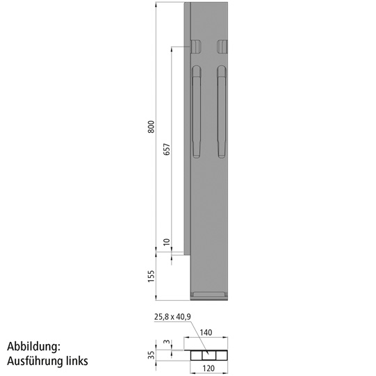 MONTANT ARRIERE K20, DROIT, L = 800 MM, ALUMINIUM A UNE FERMETURE GAUCHE ET DROITE