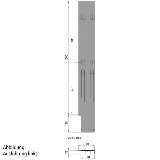 MONTANT ARRIERE K20, DROIT, L = 1000, ALU AVEC 4 FERMETURES