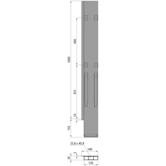 MONTANT ARRIERE K20, GAUCHE, L = 1000, ALU AVEC 4 FERMETURES