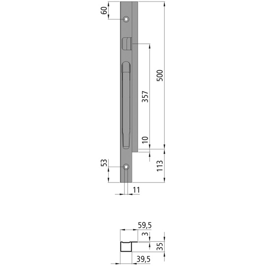 MONTANT K20 AVANT GAUCHE,  L = 500 MM, ACIER A UNE FERMETURE