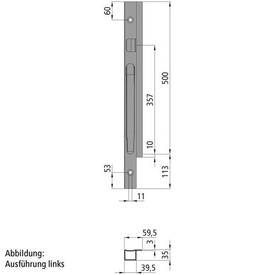 MONTANT K20 AVANT DROIT,  L = 500 MM, ACIER  A UNE FERMETURE