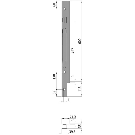 MONTANT AVANT K20 GAUCHE, L = 600 MM, 1 FERMETURE, ACIER microZINQ®