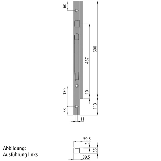 MONTANT AVANT K20 DROIT,  L = 600 MM, 1 FERMETURES, ACIER microZINQ®