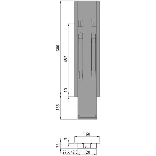 MONTANT CENTRAL RABATTABLE K20, L = 600 MM, _x000D_
ACIER , A UNE FERMETURE