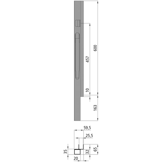MONTANT AVANT K20 GAUCHE, L = 600 MM, ALUMINIUM A UNE FERMETURE