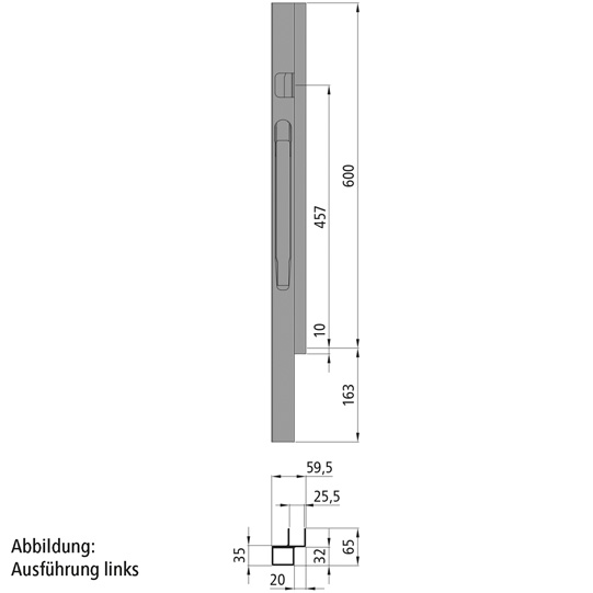 MONTANT AVANT K20 DROIT, L = 600 MM, ALUMINIUM A UNE FERMETURE