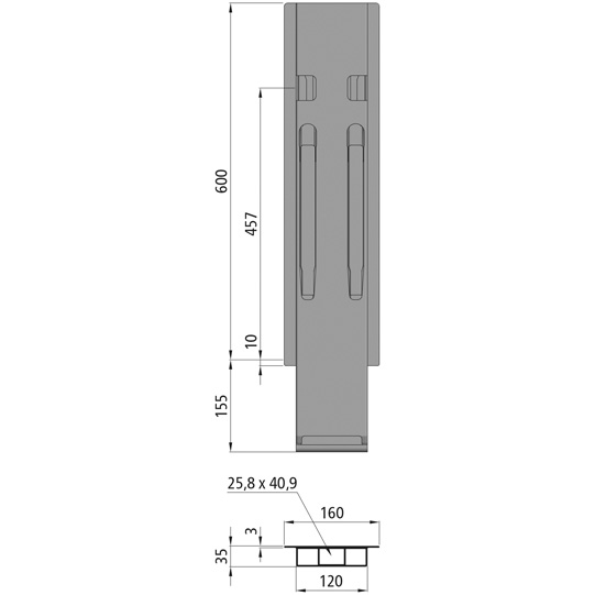MONTANT CENTRAL K20, L = 600 MM, ALUMINIUM RABATTABLE, A UNE FERMETURE