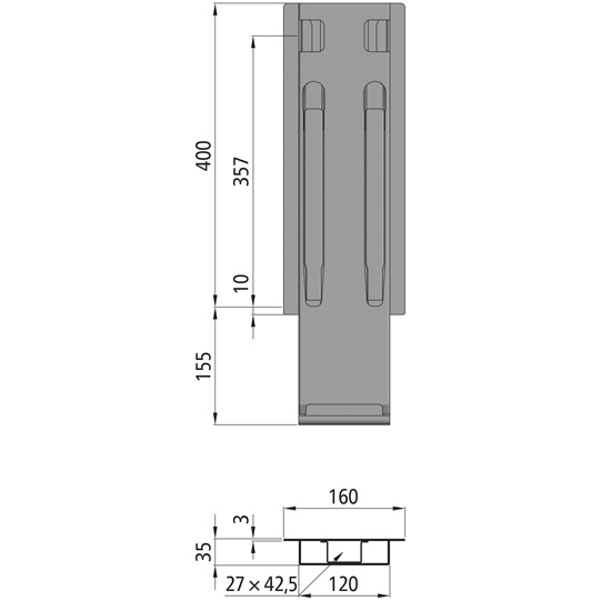 MONTANT K20 CENTRAL, L = 400 MM, ACIER RABATTABLE, A UNE FERMETURE