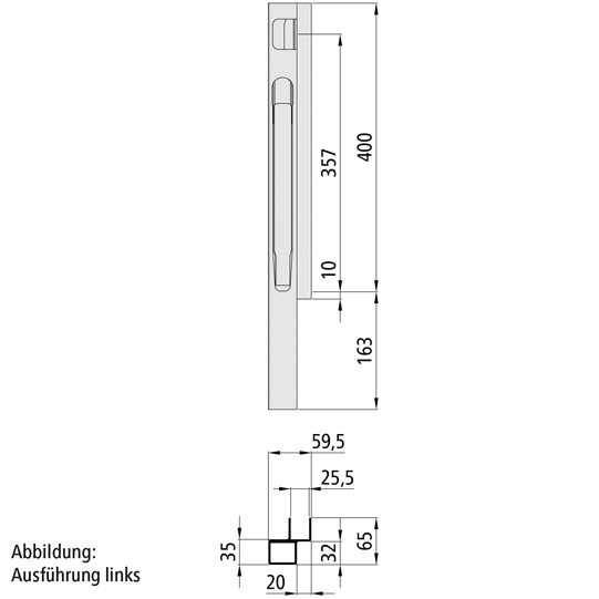 MONTANT K20 AVANT DROIT, L = 400 MM, ALUMINIUM A UNE FERMETURE