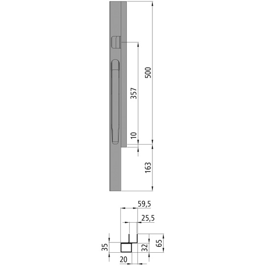 MONTANT K20 AVANT GAUCHE, L = 500 MM, ALUMINIUM A UNE FERMETURE