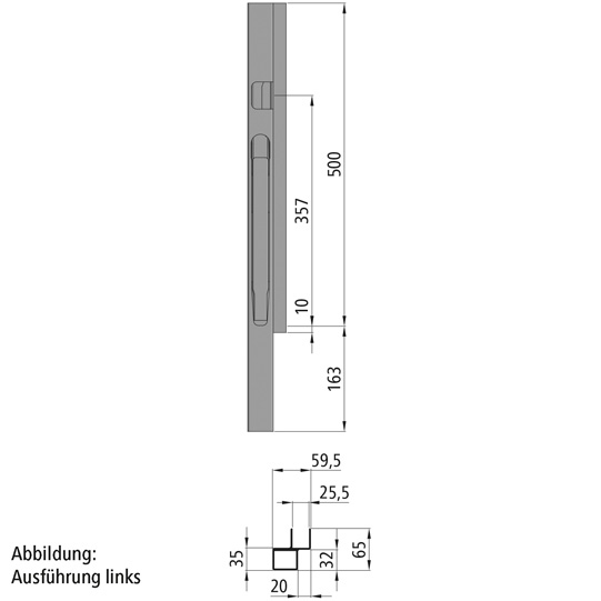 MONTANT K20 AVANT DROIT, L = 500 MM, ALUMINIUM A UNE FERMETURE