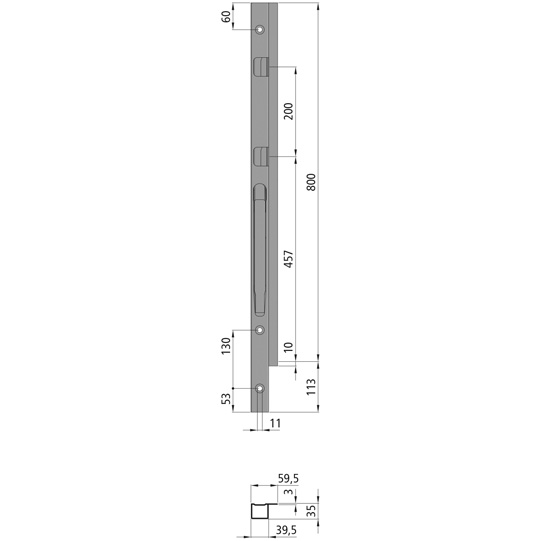 MONTANT AVANT K20 GAUCHE, L = 800 MM, 2 FERMETURES, ACIER microZINQ®