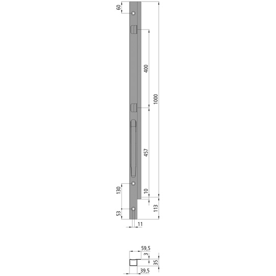 MONTANT AVANT K20 GAUCHE, L = 1000 MM, 2 FERMETURES, ACIER microZINQ®