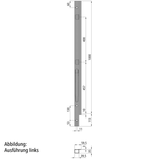 MONTANT AVANT K20 DROITE, L = 1000 MM, 2 FERMETURES, ACIER microZINQ®