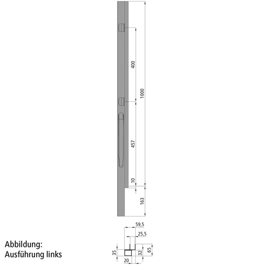 MONTANT AVANT K20 DROIT, L = 1000, ALU AVEC 2 FERMETURES