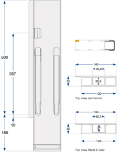 MONTANT ARRIERE K20, GAUCHE, L = 500 MM, ALUMINIUM RABATTABLE, A UNE FERMETURE
