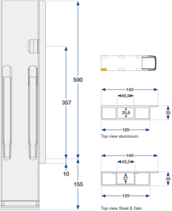 MONTANT ARRIERE K20, DROIT, L = 500 MM, ALUMINIUM RABATTABLE, A UNE FERMETURE