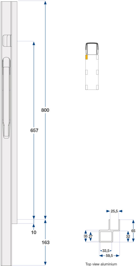 MONTANT AVANT K20 GAUCHE, L = 800 MM, ALUMINIUM A UNE FERMETURE