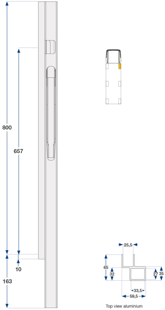 MONTANT AVANT K20 DROIT, L = 800 MM, ALUMINIUM A UNE FERMETURE